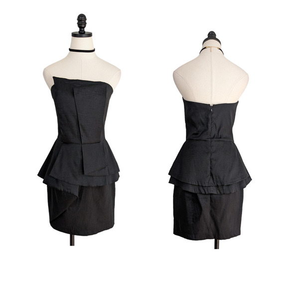 Y2K Cache Mini Dress 10 Black Strapless Cocktail Futuristic Peplum Judy Jetson - Picture 4 of 10